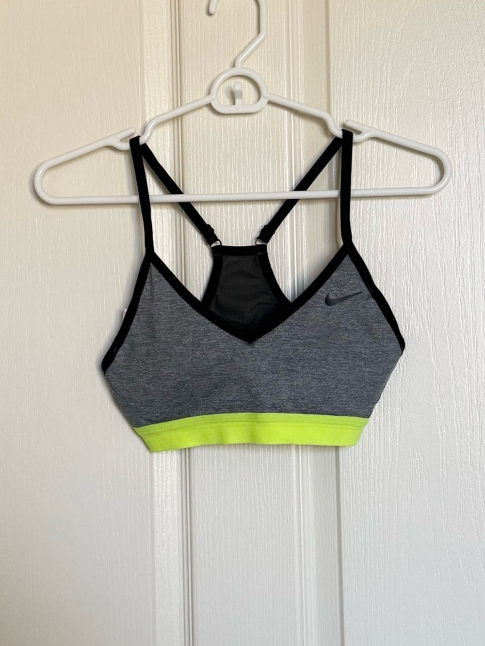 Nike: Women's Gray Sports Bra with Neon Green Band - Size S